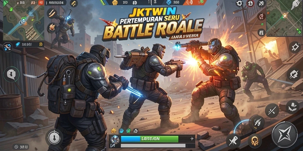 Tangkapan layar utama JKTWIN menunjukkan aksi tempur yang intens dalam game Battle Royale.