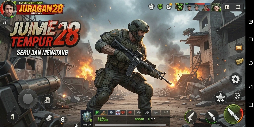 Tampilan gameplay seru di JURAGAN28 dengan aksi tembak-menembak.