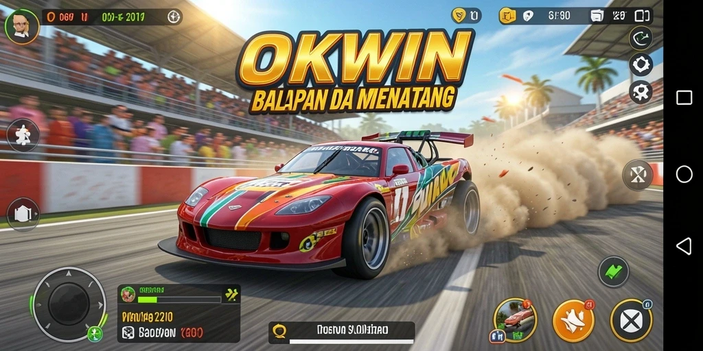 Screenshot utama OKWIN menunjukkan aksi balapan yang mendebarkan.